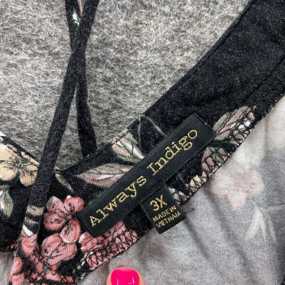 Always Indigo Blouse Women 3X Plus Black Floral V-Neck 3/4 Sleeve Tasseled Rayon - Picture 6 of 10